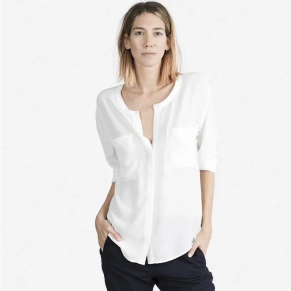Everlane 100% Silk Long Sleeve Pocket Blouse White/Cream/Ivory